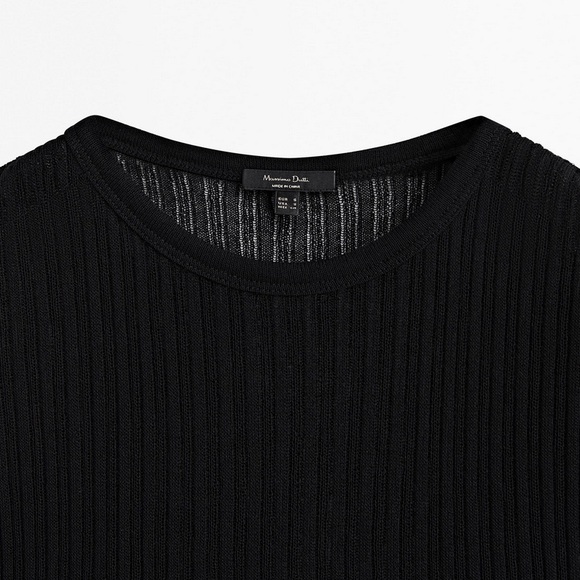 Massimo Dutti Open Knit Ribbed Crew Neck Black Top Size L NWT - Picture 3 of 11